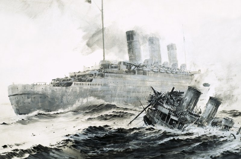 O Queen Mary choca com a sua escolta, o Curacoa, afundando o navio de Graham Coton