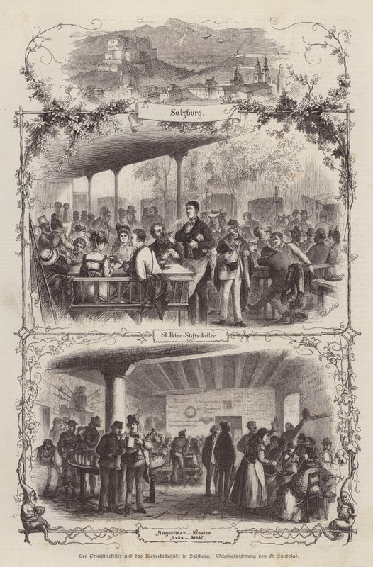 Peterstiftkeller e Klosterbraustubl, salas de cerveja em Salzburgo, Áustria (gravura) de Gustav (after) Sundblad