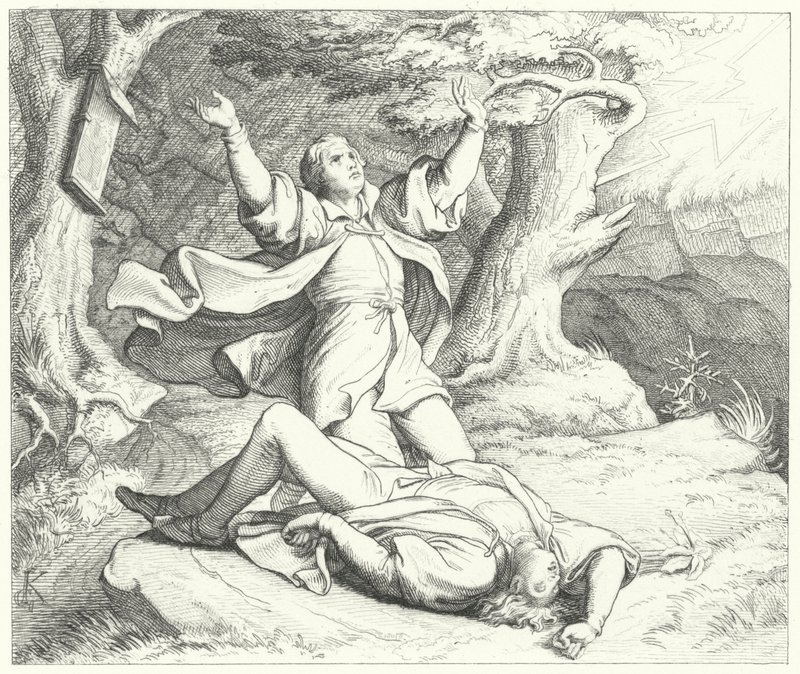 Alexis, amigo de Martin Luther, depois de ser atingido por um raio durante as suas viagens, 1505 de Gustav Ferdinand Leopold Konig