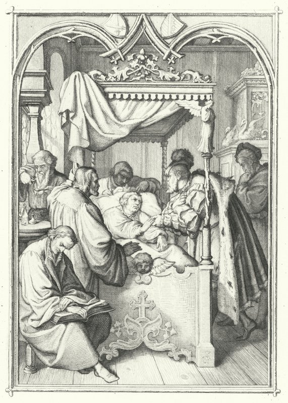 John, Eleitor da Saxônia, visita Martin Lutero no hospital (gravura) de Gustav Ferdinand Leopold Konig
