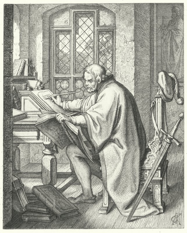 Martinho Lutero inicia a tradução da Bíblia no castelo de Wartburg (gravura) de Gustav Ferdinand Leopold Konig