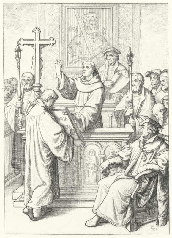Martin Luther sendo premiado com seu doutorado por Andreas Karlstadt na Universidade de Wittenberg, 1512 de Gustav Ferdinand Leopold Konig