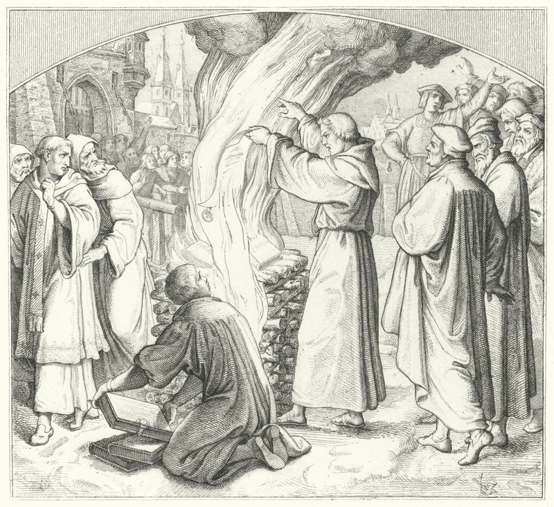Martinho Lutero queimando a bula papal em Wittenberg, 1520 de Gustav Ferdinand Leopold Konig