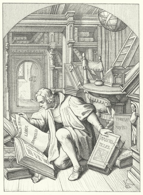 Martinho Lutero descobre uma Bíblia latina na biblioteca da Universidade de Erfurt (gravura) de Gustav Ferdinand Leopold Konig