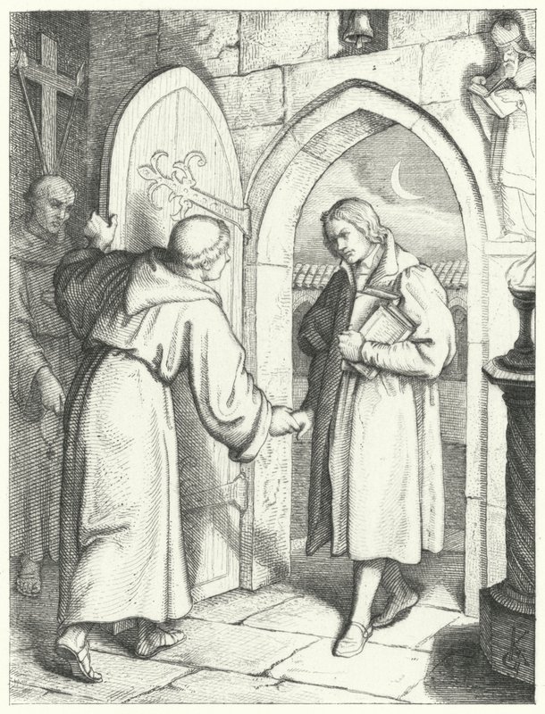 Martinho Lutero entra no mosteiro de Santo Agostinho em Erfurt em 17 de julho de 1505 de Gustav Ferdinand Leopold Konig