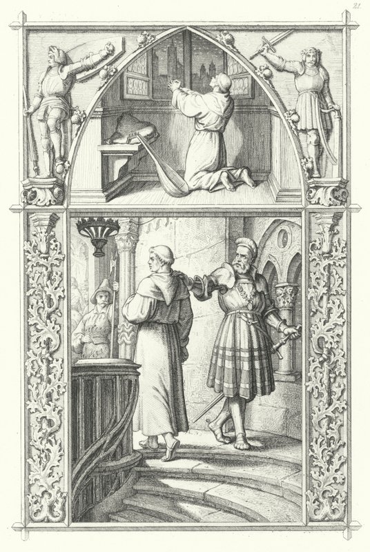 Martinho Lutero em oração enquanto se prepara para a Dieta das Minhocas (topo). Georg von Frundsberg dá encorajamento a Martinho Lutero (em baixo) (gravação) de Gustav Ferdinand Leopold Konig