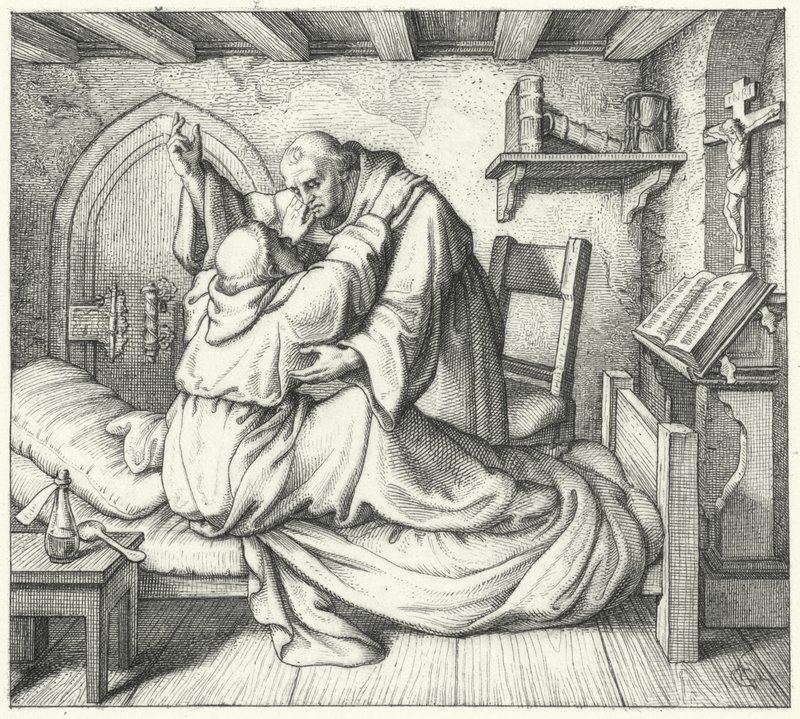 Martinho Lutero é consolado por um companheiro monge durante o seu tormento espiritual no mosteiro (gravura) de Gustav Ferdinand Leopold Konig
