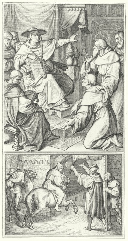 Martinho Lutero deixando o legado do Papa em Wittenberg, Thomas Cajetan (topo). Martinho Lutero deixando a cidade de Augsburg (em baixo) (gravura) de Gustav Ferdinand Leopold Konig