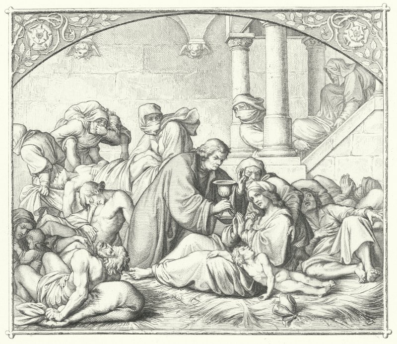 Martinho Lutero oferecendo conforto aos que sofrem da peste (gravura) de Gustav Ferdinand Leopold Konig