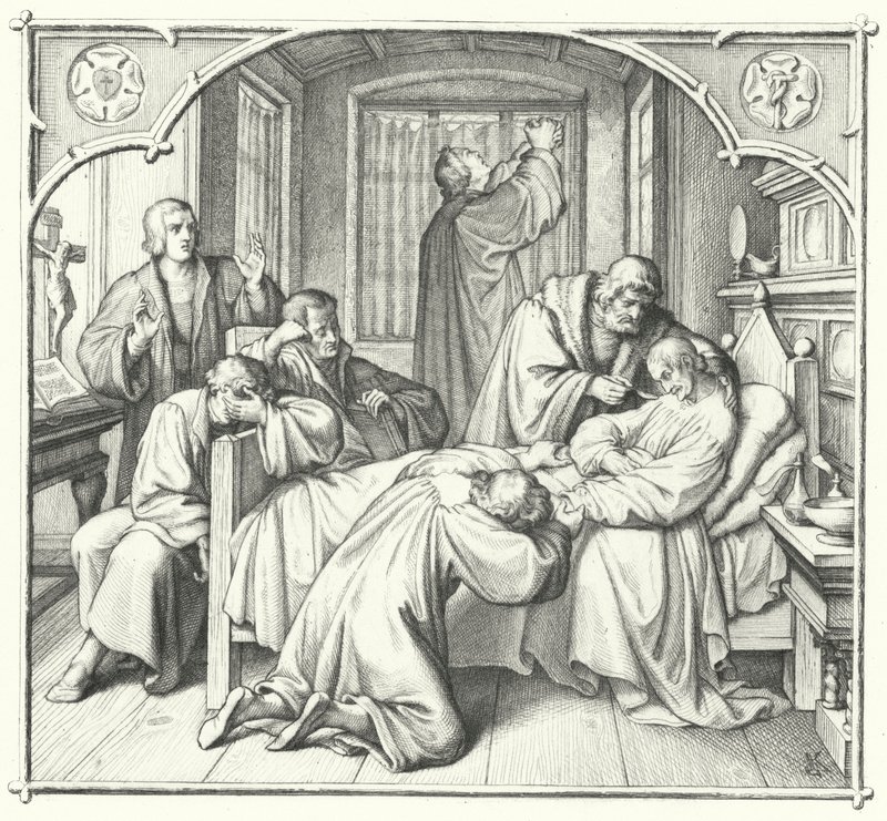 Martinho Lutero reza no leito da morte de Philip Melanchthon (gravura) de Gustav Ferdinand Leopold Konig