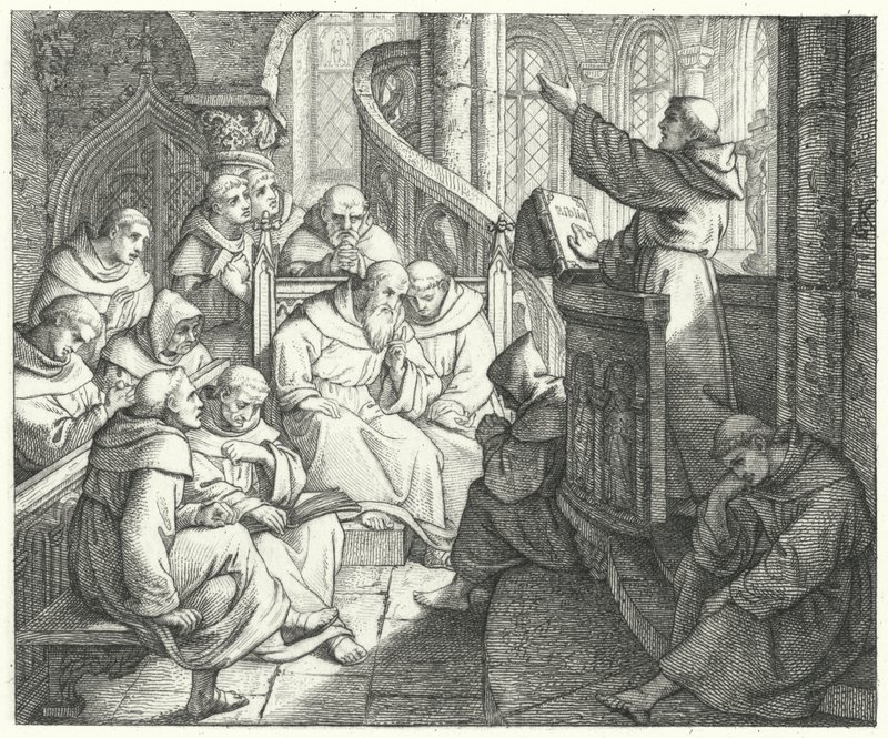 Martinho Lutero prega a Johann von Staupitz e aos outros monges do mosteiro (gravura) de Gustav Ferdinand Leopold Konig