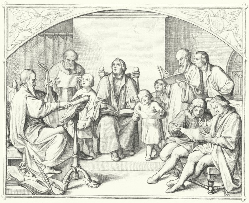 Martinho Lutero cantando com um coro de igreja (gravura) de Gustav Ferdinand Leopold Konig