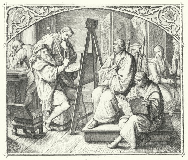 Martinho Lutero senta-se para uma pintura de Lucas Cranach, o Ancião (gravura) de Gustav Ferdinand Leopold Konig