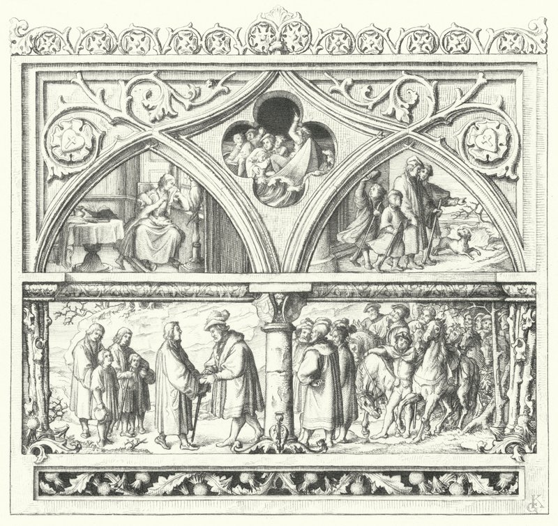 O adeus de Martin Luther à sua família ao empreender a sua última viagem a Mansfeld, a sua vida na estrada e a sua recepção dos Condes de Mansfeld (gravura) de Gustav Ferdinand Leopold Konig