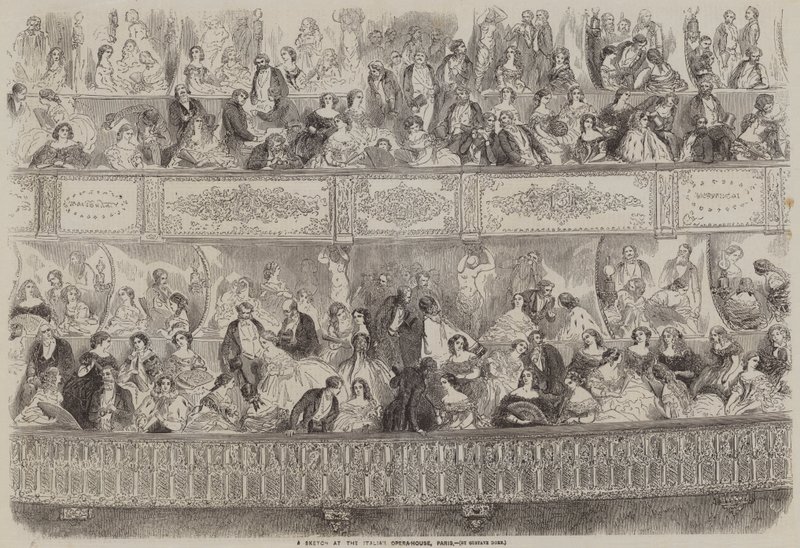 Um esboço na casa de ópera italiana, Paris de Gustave Dore