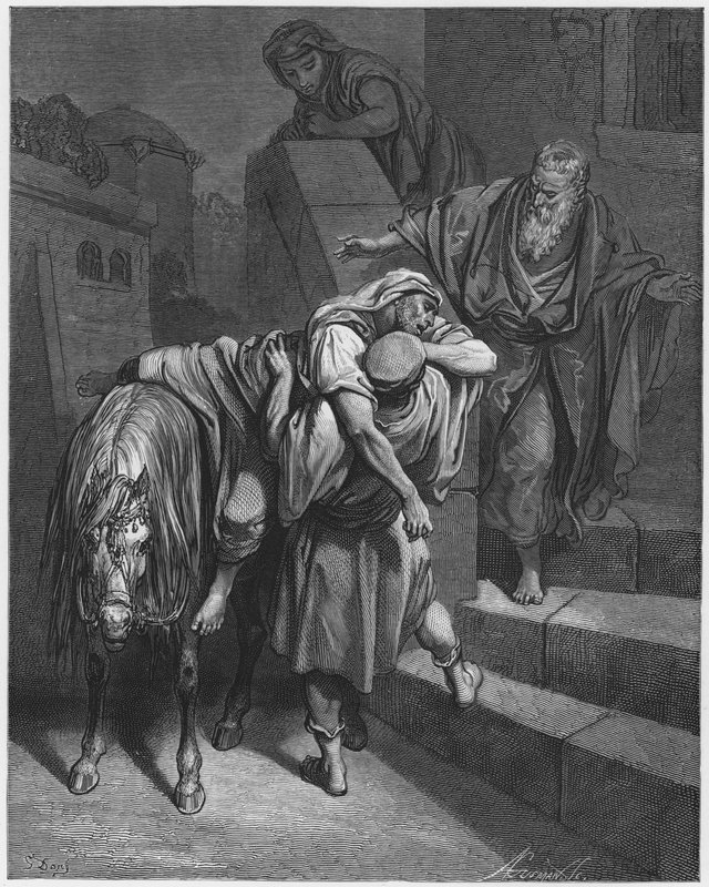 Gustave Dore Bible: Chegada do Bom Samaritano na pousada de Gustave Dore