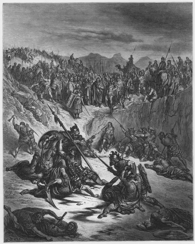 Gustave Dore Bible: Combate entre os campeões de Is-Bosete e Davi de Gustave Dore
