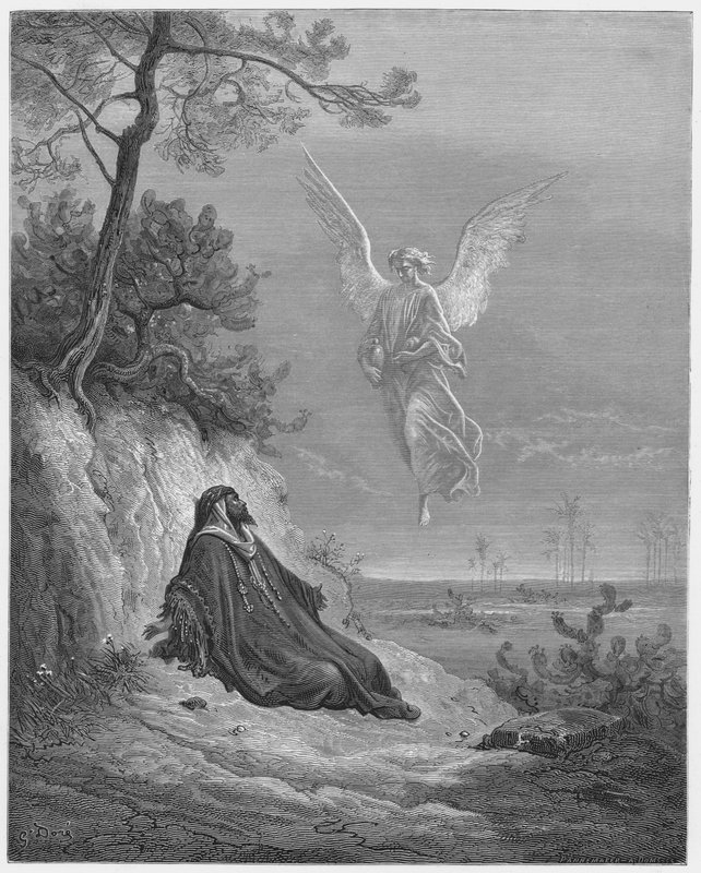 Gustave Dore Bible: Elijah nutrido por um anjo de Gustave Dore