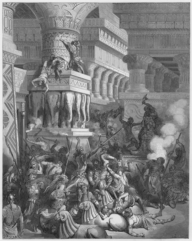Gustave Dore Bible: Jonathan destruindo o templo de Dagon de Gustave Dore