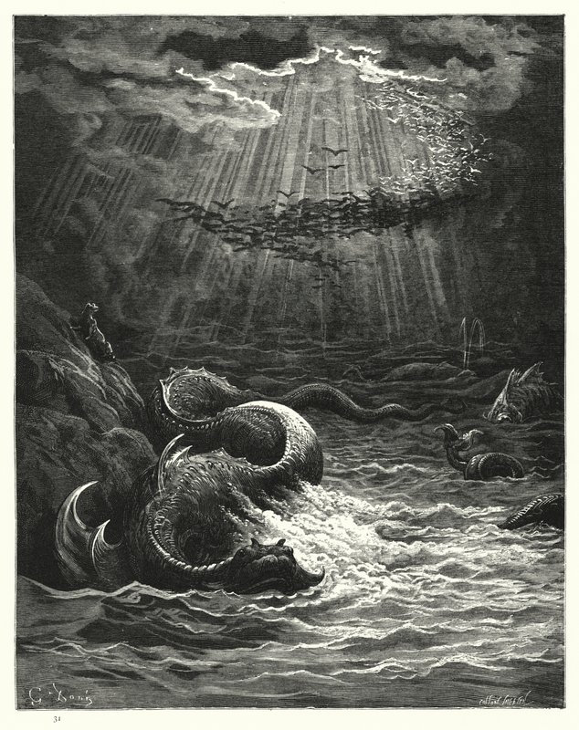 Ilustração de Gustave Dore para Miltons Paradise Lost, Livro VII, linhas 387-389 de Gustave Dore