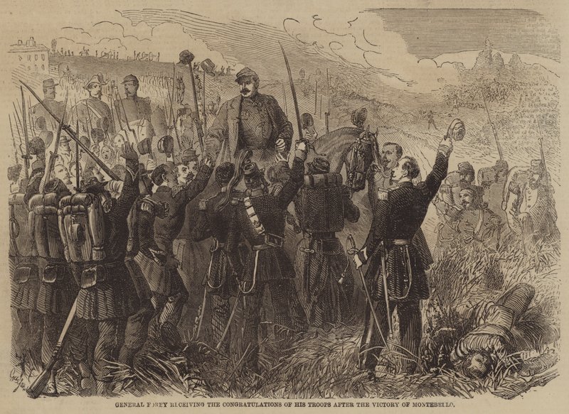 General Forey recebendo as felicitações de suas tropas após a vitória de Montebello de Gustave Janet