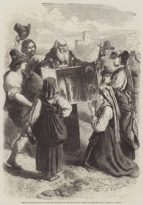 Frade mendicante italiano exibindo imagens da crucificação para um grupo de camponeses de Gustave Janet