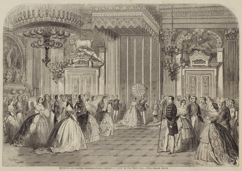 Príncipe e Princesa Frederick-William segurando uma Cour no White Hall, Palácio Real, Berlim de Gustave Janet