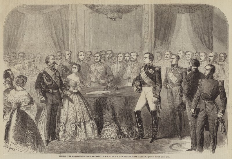 Assinatura do contrato de casamento entre o príncipe Napoleão e a princesa Clotilde de Gustave Janet