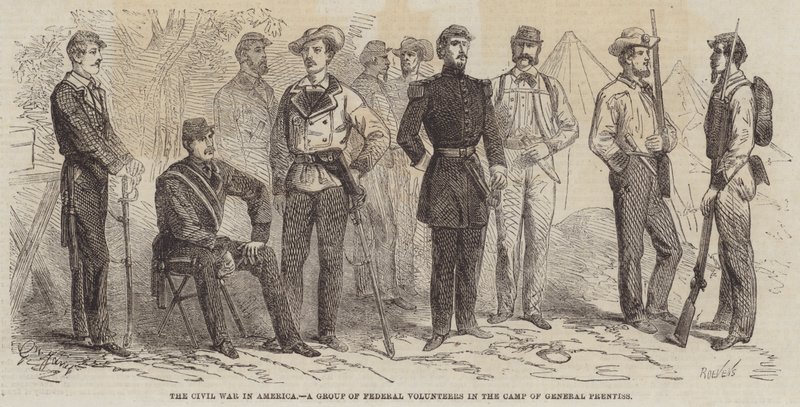 A Guerra Civil na América, um grupo de voluntários federais no campo do general Prentiss de Gustave Janet