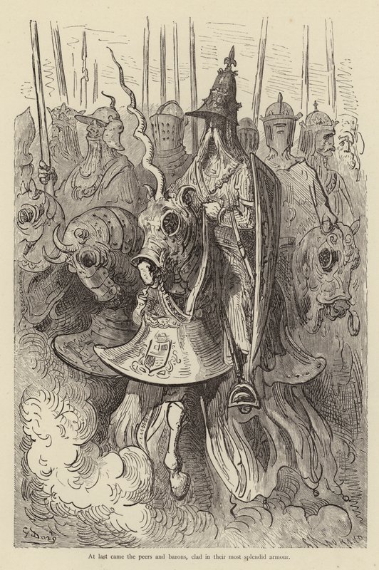 Finalmente vieram os colegas e barões, vestidos com sua armadura mais esplêndida de Gustave after Dore