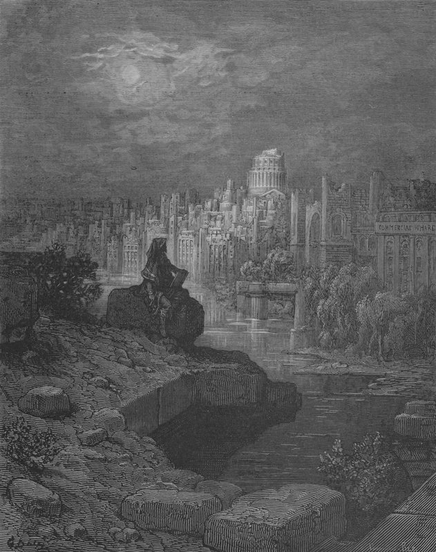 Os viajantes vão se sentar nas ruínas, nas margens do Tâmisa de Gustave after Dore