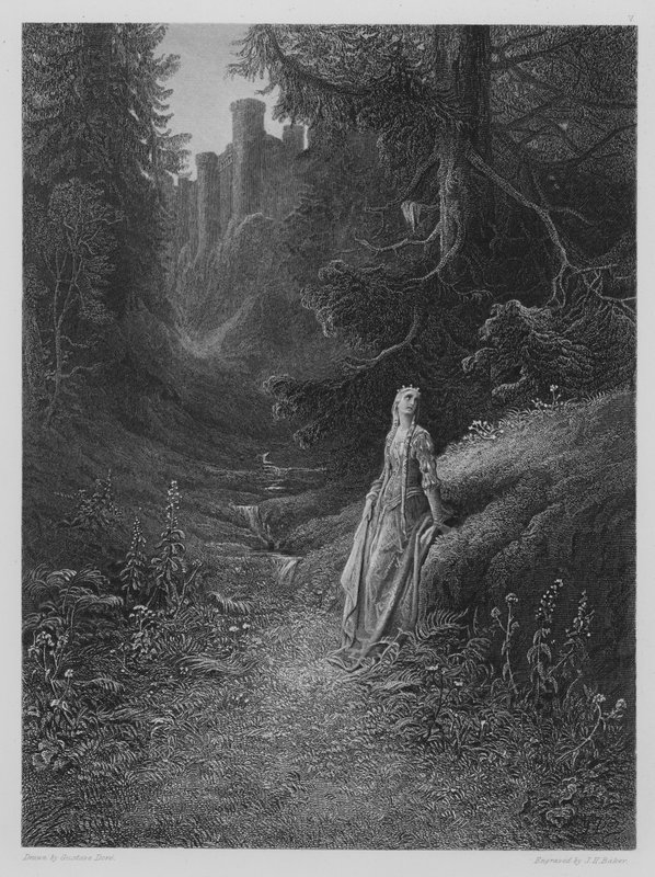 Elaine em sua estrada para a caverna de Lancelot de Gustave after Dore