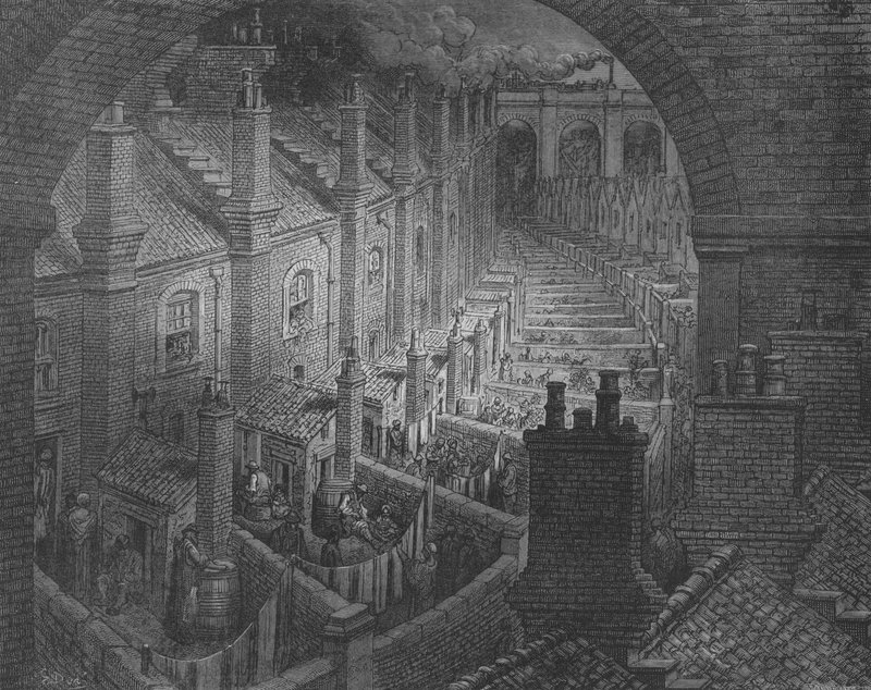 Londres, tendo vista de uma ferrovia sobre os telhados de Gustave after Dore