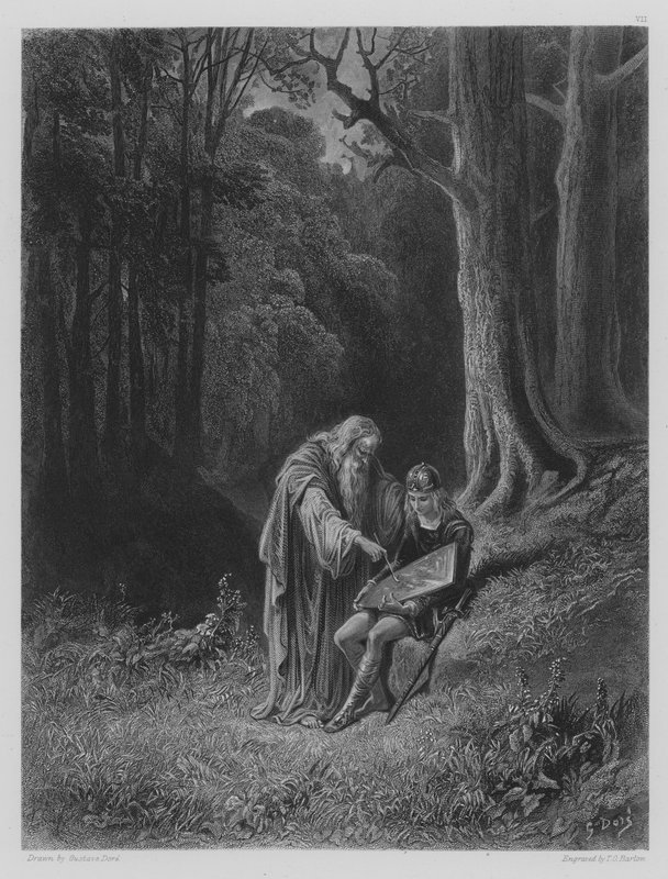 Merlin pinta o escudo dos jovens cavaleiros de Gustave after Dore