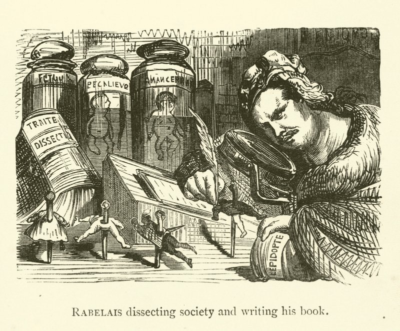 Rabelais dissecando a sociedade e escrevendo seu livro de Gustave after Dore