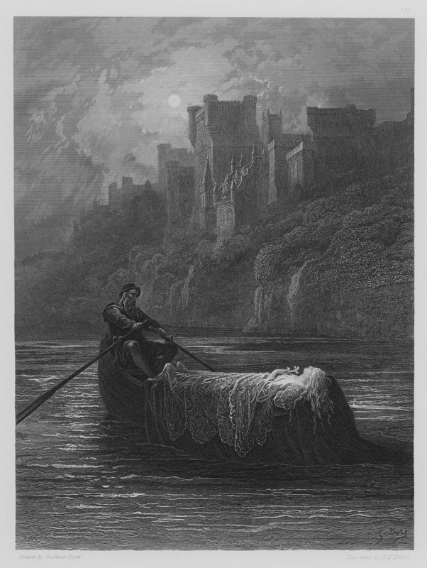 O corpo de Elaine a caminho do Palácio do Rei Arthurs de Gustave after Dore