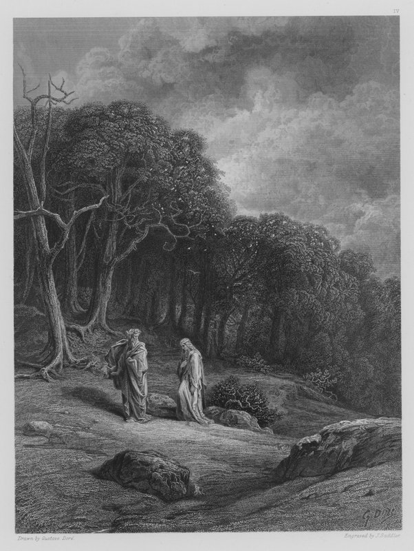 Vivien e Merlin entram na floresta de Gustave after Dore