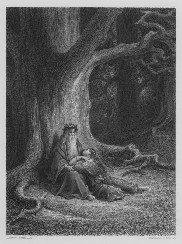 Vivien e Merlin descansam de Gustave after Dore