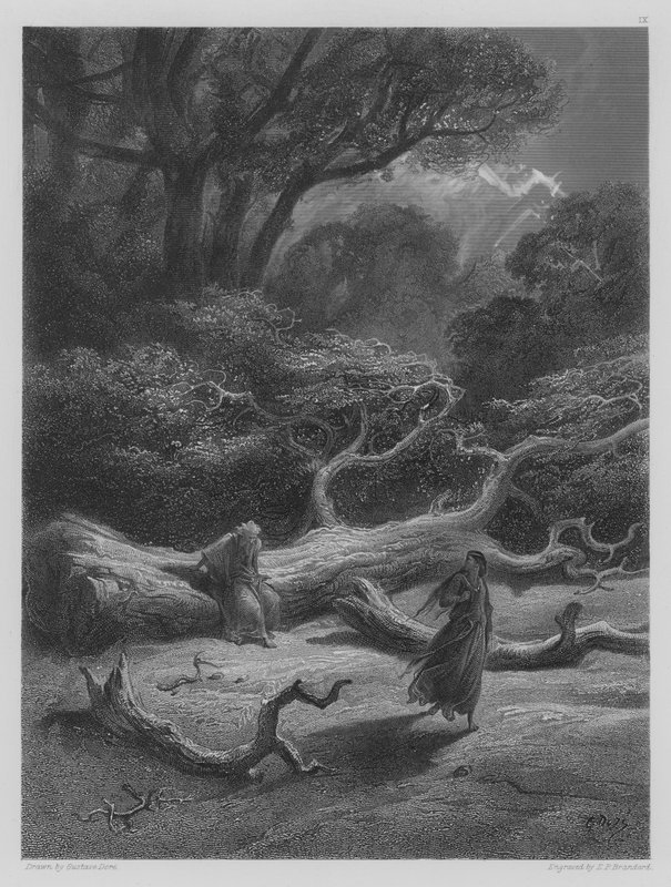 Vivien encerra Merlin na Árvore de Gustave after Dore