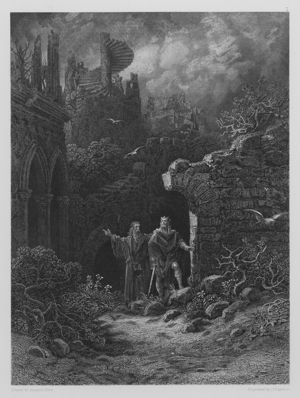 Yniol mostra ao príncipe Geraint seu castelo arruinado de Gustave after Dore