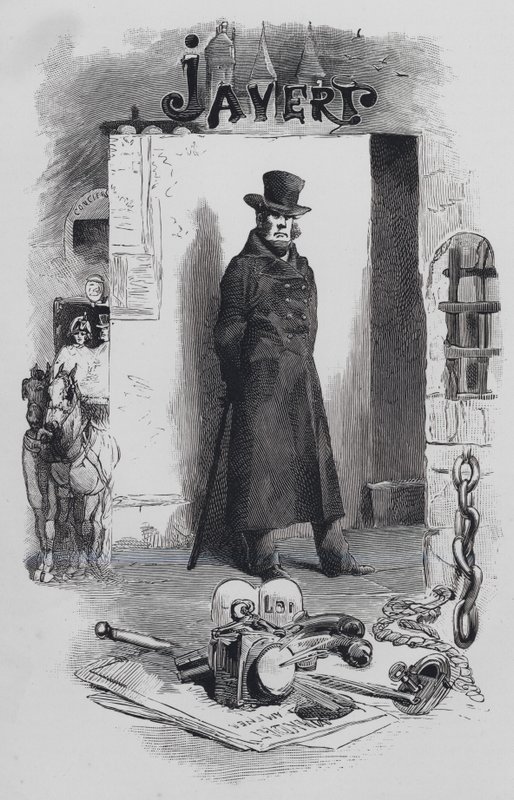 Cena de Les Miserables, de Victor Hugo: Javert, o detective (gravura) de Gustave (after) Brion