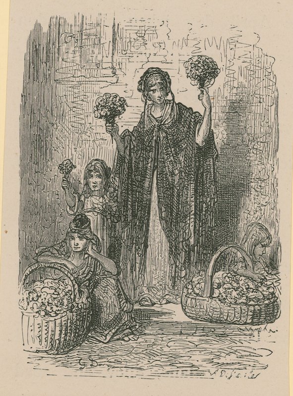 Um grupo de jovens mulheres vendendo flores de cestas de Gustave Dore