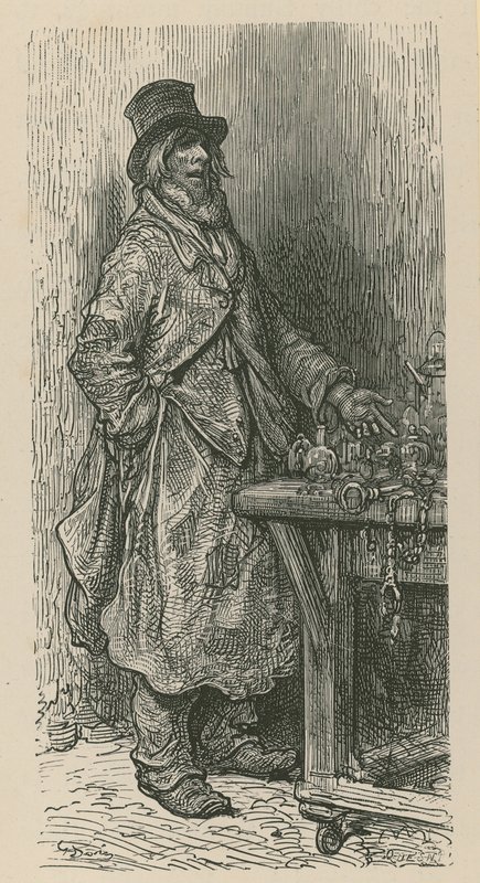 Um homem fica vendendo suas mercadorias de uma banca de mercado de Gustave Dore