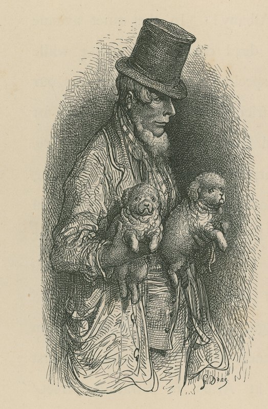 Um, homem, desgastar, um, chapéu superior, enquanto, segurando, dois, cachorros, em, seu, mãos de Gustave Dore