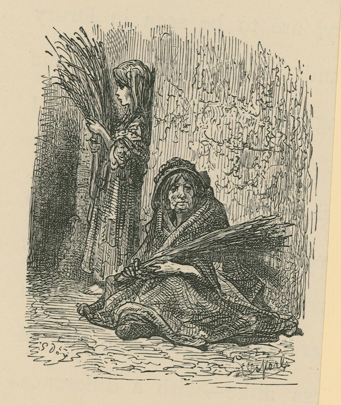 Um, mulher, e, um, menina jovem, vender, flores secas de Gustave Dore