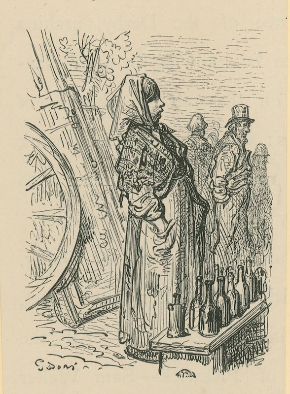 Mulher, vender, vidro, garrafas de Gustave Dore