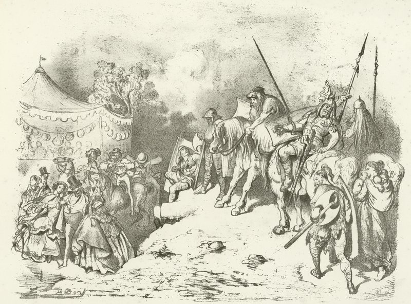Um antigo britânico contemplando o traje de seus descendentes (gravura) de Gustave Dore
