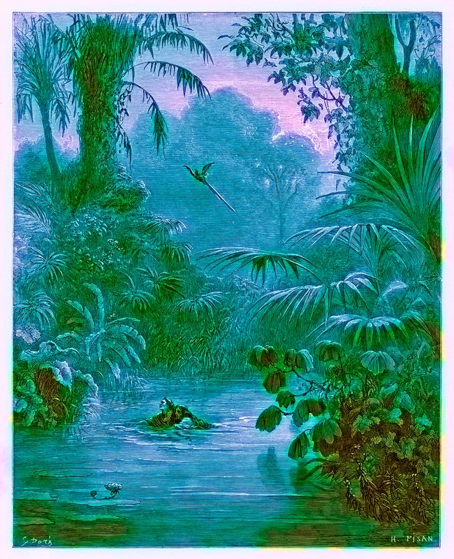 Atala e Chactas cruzando um rio, ilustração de &39;The Dore Gallery&39;, gravada por Heliodore Joseph Pisan (1822-90), publicado c.1890 (imagem digital reforçada) de Gustave Dore