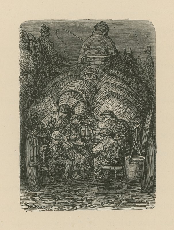 Crianças sentadas na parte de trás de um carrinho de entrega de cervejaria de Gustave Dore