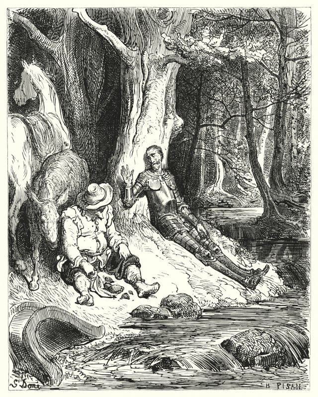 Gustave Dores Dom Quixote: "Uma fonte clara, que Dom Quixote e Sancho encontraram entre algumas árvores verdes, serviu para as refrescar" (gravura) de Gustave Dore